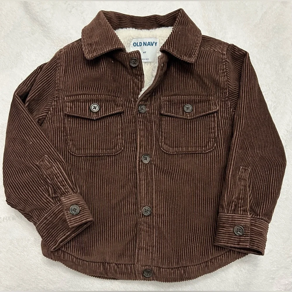 Old Navy 4T Kids Brown Corduroy Jacket Sherpa Lined Collared Button Up Shacket